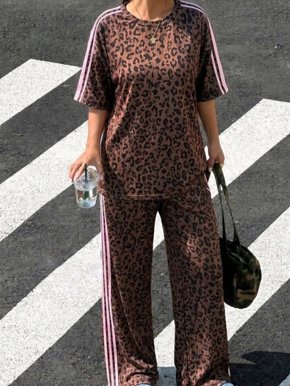SHEIN Brown Leopard Print Wide-Leg Pants & Top with Pink Stripes